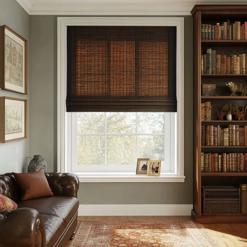 Earth tone woven bamboo blinds for living area in Marina Dubai