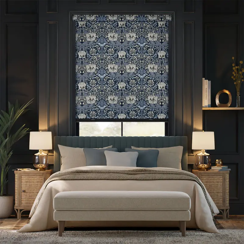 Complete Blackout William Morris Honeysuckle & Tulip Indigo Roller Blinds