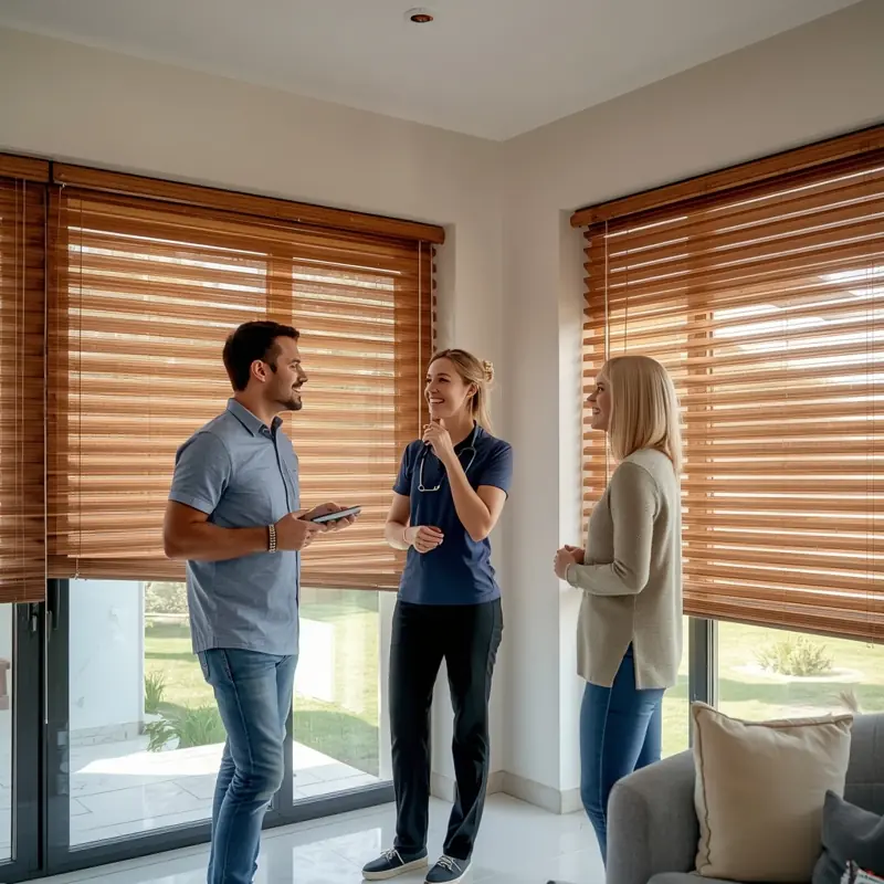 Customer support team assisting homeowners after wooden blinds installation in Dubai